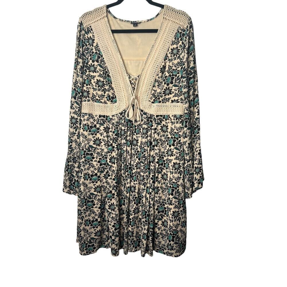 Torrid Dress Size 0 Mini Gauze Floral Lace-Up Skater Bell Sleeve Tassel Tie Boho